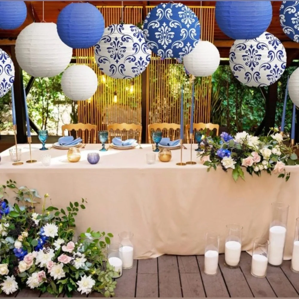 Blue and White Patterned Paper Lantern Set
